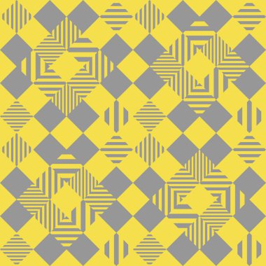 İşaretli desen, kusursuz soyut arkaplan. Sarı elmas şekilli, büyük ve küçük gri çizgiler, dikey ve yatay. Kumaş, kiremit, poster, tekstil, el ilanı, duvar. Vektör illüstrasyonu.