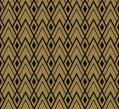Geometrik arkaplan deseni pürüzsüz. Elmas şekilli siyah altın rengi. Giysi, tekstil, giysi, kumaş, fayans, kapak, poster, afiş, pankart, duvar için yüzey tasarımı. Vektör illüstrasyonu.