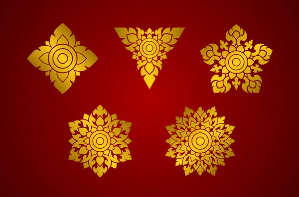 Thailändische Kunst Elemente Muster Gesetzt Gold Auf Rotem Hintergrund Formen — Stockvektor