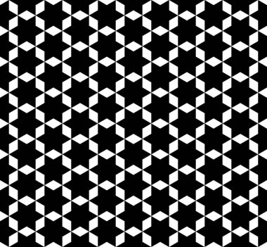 Altıgen şekilli, dikişsiz zigzag. Şebekeye yerleştirildi. Soyut arkaplan altıgen, siyah beyaz. Tekstil, kiremit, kaplama, poster, pankart, duvar için doku tasarımı. Vektör illüstrasyonu.