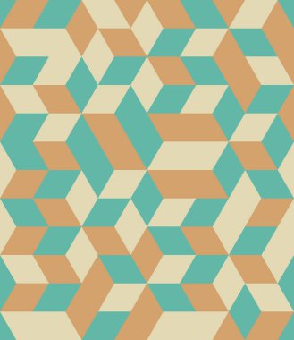 Soyut arkaplan kusursuz geometrik desen. Küp şeklinde, elmas şeklinde. Sarı turuncu yeşil renk. Giysi, tekstil, fayans, kapak, poster, el ilanı, pankart, duvar için yüzey tasarımı. Vektör illüstrasyonu.