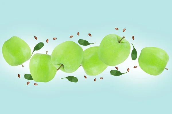 Pomme Verte Fraîche Volante Avec Des Graines Sur Fond Vert Image En Vente