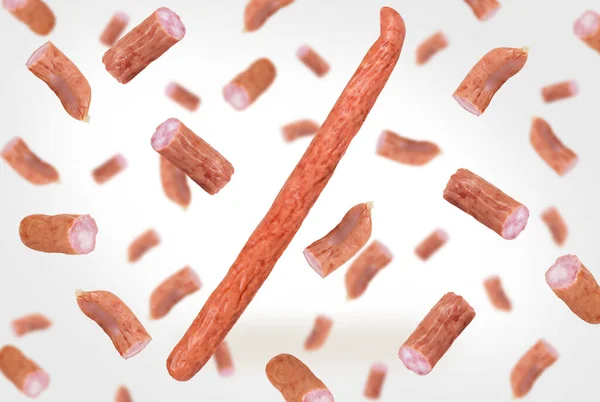 Thin Bavarian Hunting Sausages Levitate White Background Falling Thin Bavarian — Stock Photo, Image