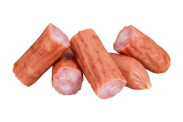 Stukken Sousages Geïsoleerd Een Witte Achtergrond Vlees Spookachtige Sousages — Stockfoto