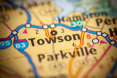 Towson. Maryland. USA, detailed view on the map clipart