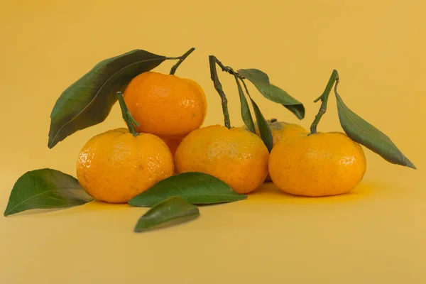 Tangerines Green Leaves Lie Yellow Background Idea Fresh Fruit Straight — Stock Photo, Image