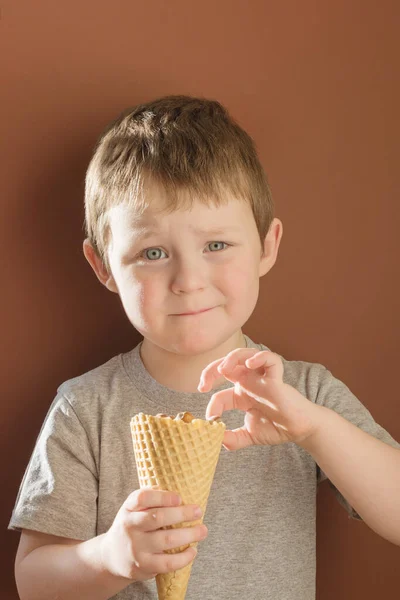 Een Jongen Van Blank Ras Grappig Schattig Met Een Wafelkegel — Stockfoto