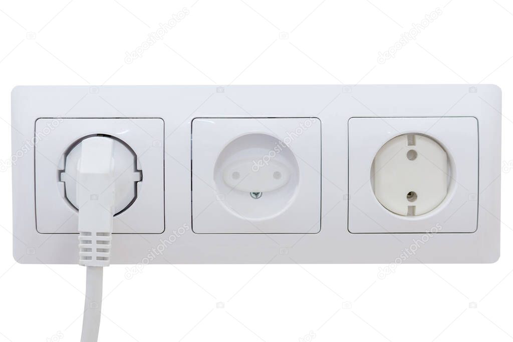set of three sockets on white isolated background. Childproof, safety plug inserted into the socket. The idea is the safety of children in the house. horizontal photo.
