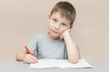 the boy preschool sits at a table with a pen and notebook. The child learns to write. The idea is preparing for school, completing tasks. Horizontal photo