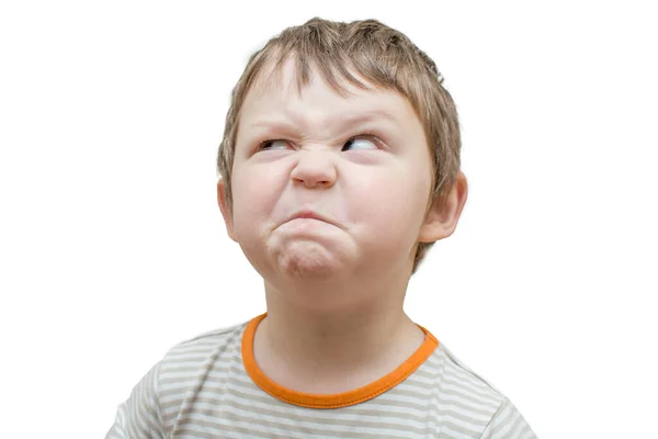 Portrait Child White Background Boy Ridiculously Writhes His Face Playful — Stock Photo, Image