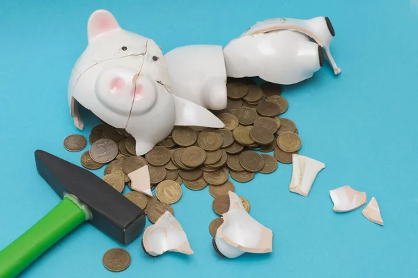 Mavi bir arka planda domuz şeklinde bir kumbara uzanıyor, çekiçle kırılıp parçalara ayrılmış. Yeşil Çekiç. Domuz kumbarasından Rus paraları döküldü. Ruble. Yatay fotoğraf