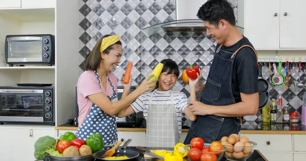 Asian Family Enjoying Cooking Kitchen Home — Stock Photo, Image