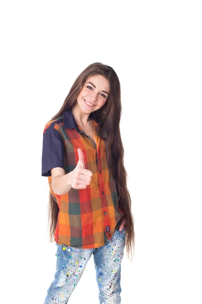Mädchen hält Hand mit erhobenem Daumen — Stockfoto
