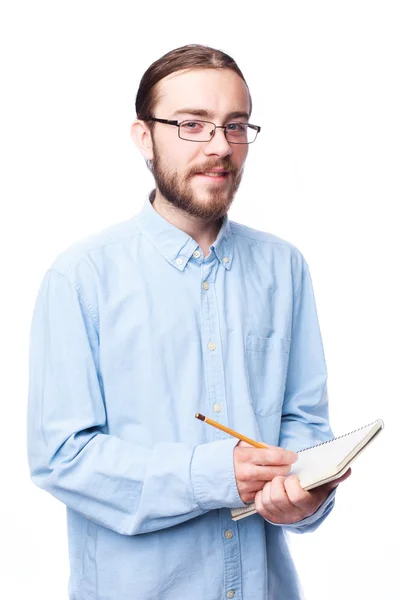 Bearded man holding notepad — Stock Photo, Image