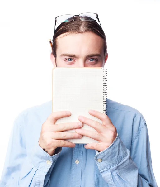 Bearded man holding notepad — Stock Photo, Image