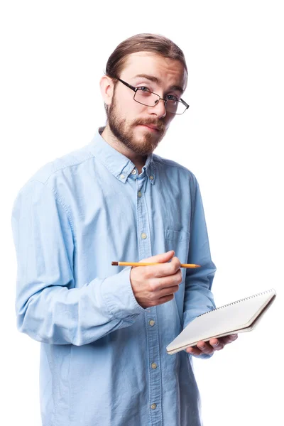 Bebaarde man met Kladblok — Stockfoto