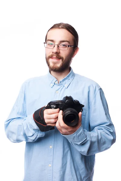 Hombre barbudo tomando fotos con cámara — Foto de Stock