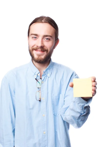 Bearded man holding reminder note — Stock Photo, Image