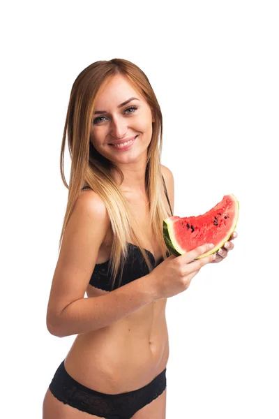 Schönes Mädchen mit Wassermelone in Dessous — Stockfoto