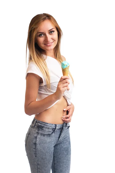 Happy woman eating ice cream — Stock Photo, Image