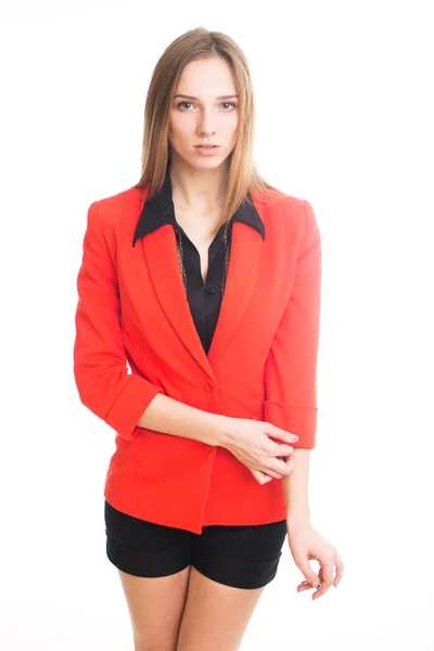 Chica bonita en chaqueta roja — Foto de Stock