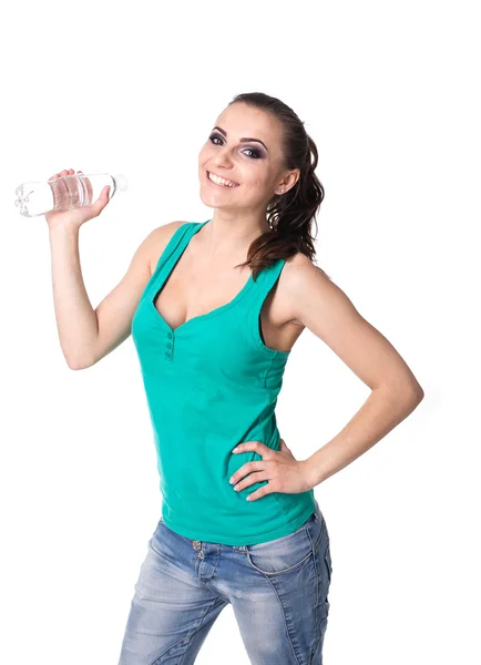 Bonita chica sosteniendo botella con agua —  Fotos de Stock