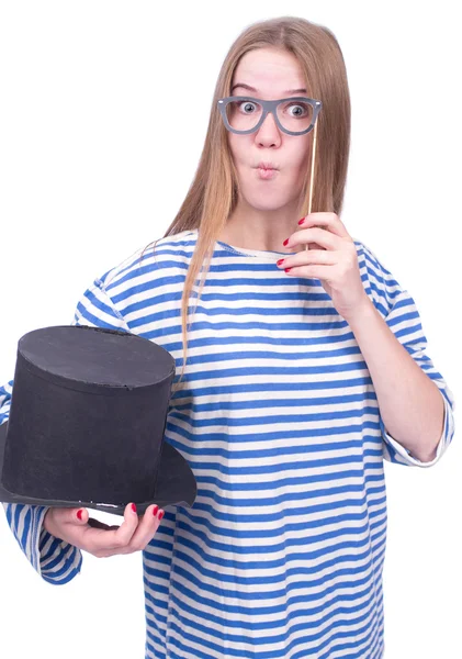 Girl with a cylinder and glasses — Stock Photo, Image