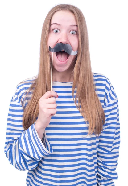 Menina bonita com bigodes de papel — Fotografia de Stock