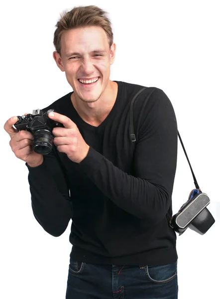 Skrattar man med en kamera — Stockfoto