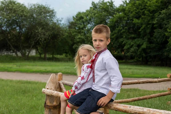 Enfants en vêtements traditionnels ukrainiens sur la haie — Photo