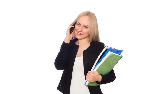 Smiling business woman with folders and phone — Stock Photo, Image