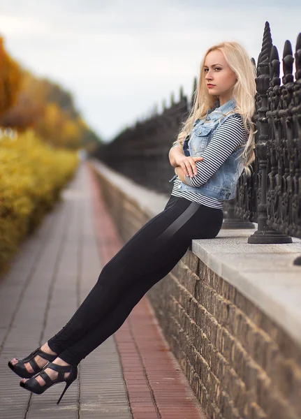 Mulher loira sentada na cerca de pedra — Fotografia de Stock