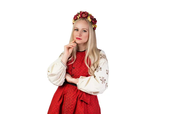 女孩在乌克兰民族服装和与花皇冠 — 图库照片