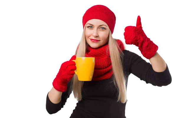 Woman in hat with cup and thumb up — Stock Photo, Image