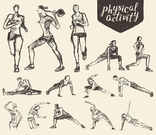 Fitness gymnastique exercices dessiné croquis vectoriel — Image vectorielle