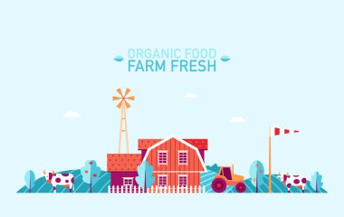 Çiftlik manzara düz organik gıda taze vektör