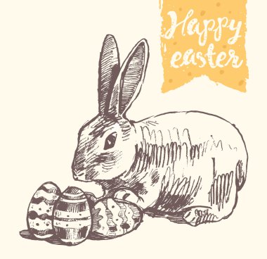 Mutlu Paskalya tebrik kartı sevimli tavşan yumurta