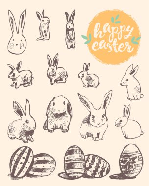 Mutlu Paskalya tebrik kartı sevimli tavşan yumurta