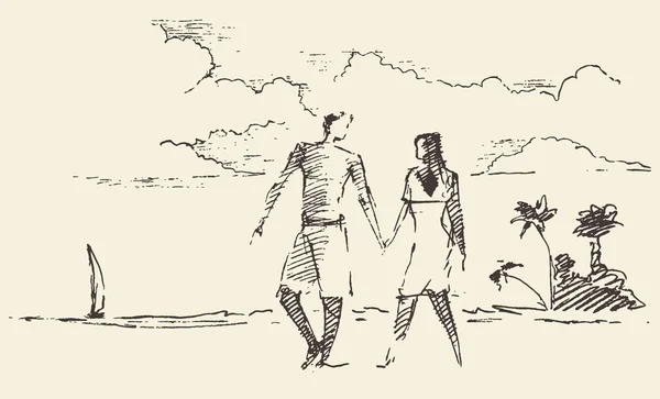 Disegna due amanti vacanza mare spiaggia vettore schizzo — Vettoriale Stock
