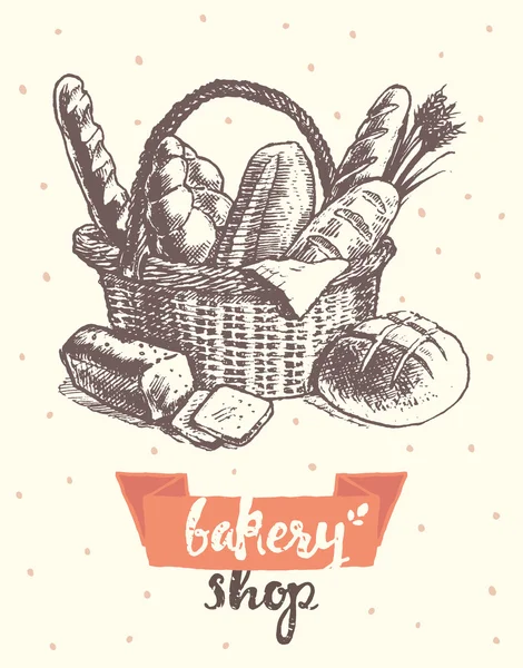 Draw vintage vector basket fresh bread bakery shop — Stock Vector