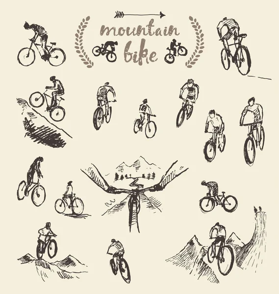 Állítsa be a kézzel rajzolt mountain bike kerékpáros vektoros rajz — Stock Vector