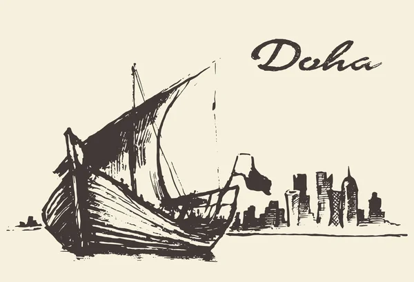 Skyline de Doha Qatar Dhow — Archivo Imágenes Vectoriales