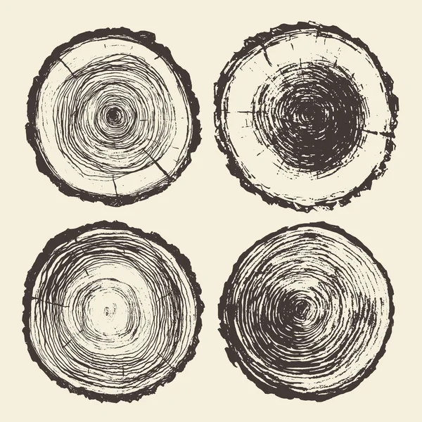 Set troncs d'arbre scie annuelle vecteur de coupe dessiné — Image vectorielle