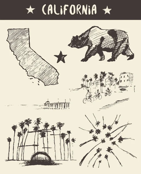カリフォルニア状態ベクトル スケッチの手描きセット — ストックベクタ
