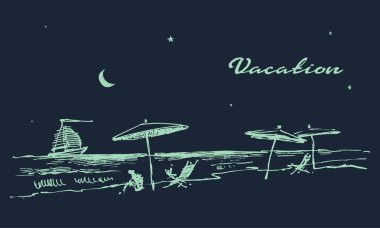Manzara sahil gece plaj tekne vektör çizilmiş