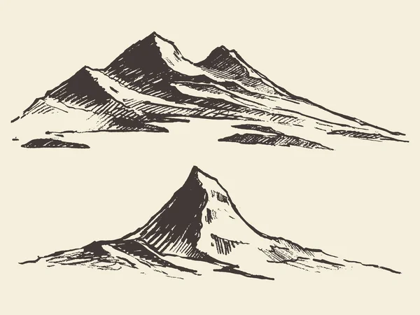 Montanhas esboço contornos gravura vetor desenhado — Vetor de Stock