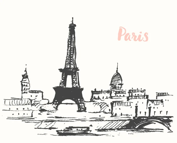 Straßen Paris Vektor Café Vintage gezeichnete Skizze — Stockvektor