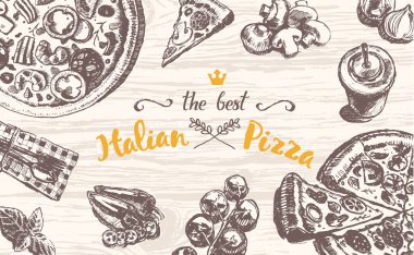 Çizilmiş vektör İtalyan pizza ahşap masa üst kroki