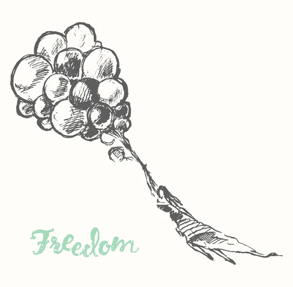 Desenhado menina balões conceito de liberdade Vector esboço — Vetor de Stock