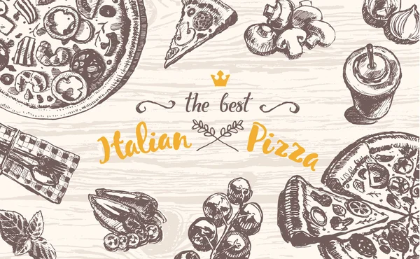 Desenhado vetor italiano pizza tabela de madeira top esboço — Vetor de Stock